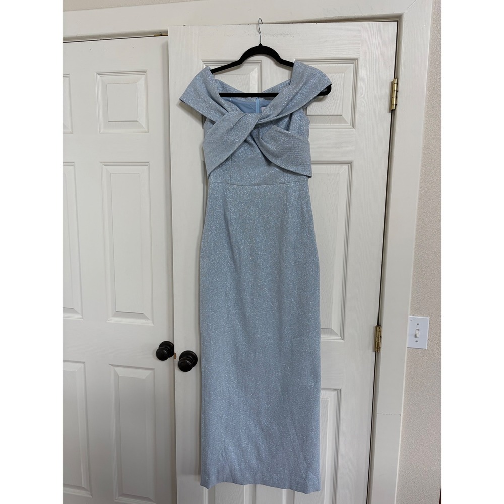 Teri Jon Rickie Freeman metallic jacquard off-the-shoulder twist gown ice blue